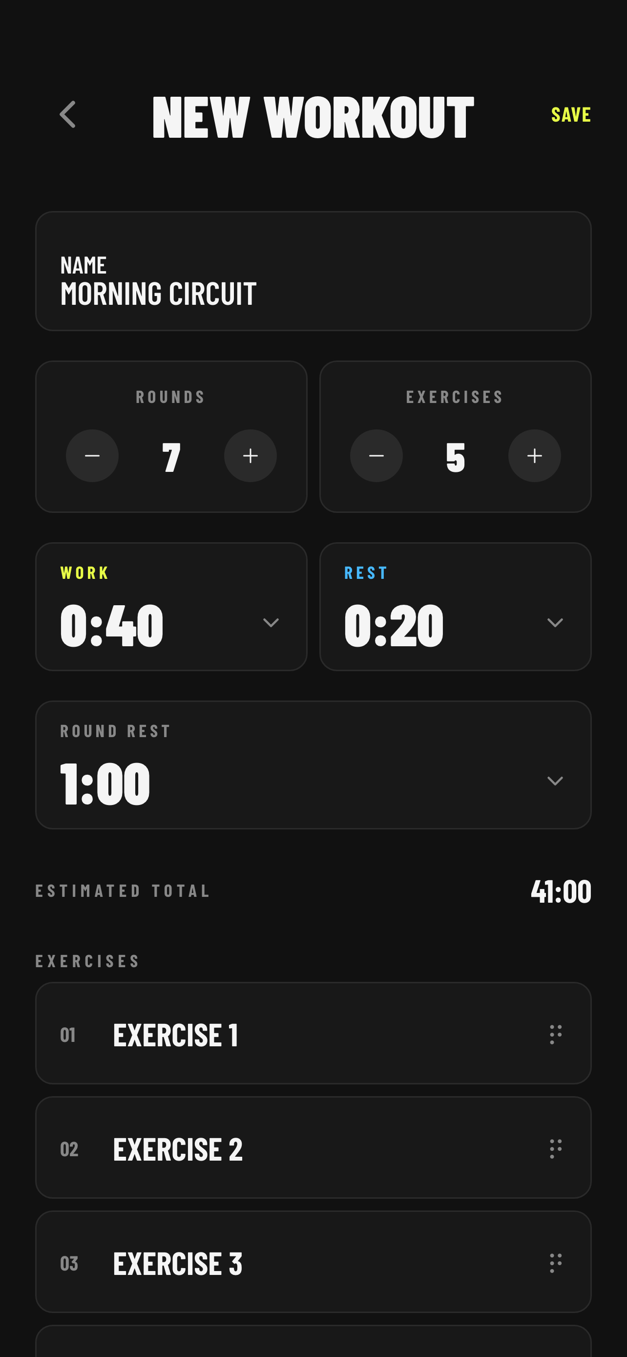 Builder — filled with a workout name and multiple exercises