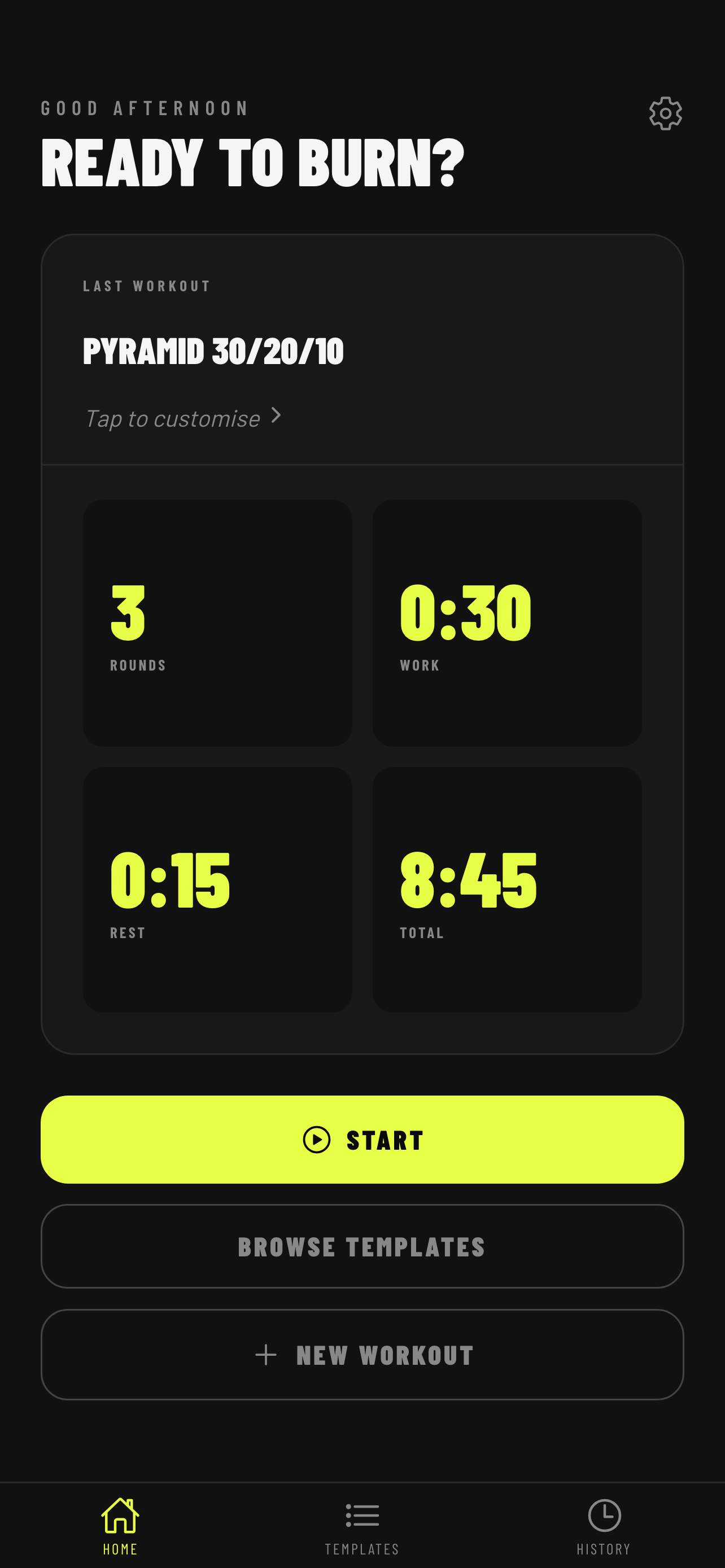 Home screen showing the last-used workout card