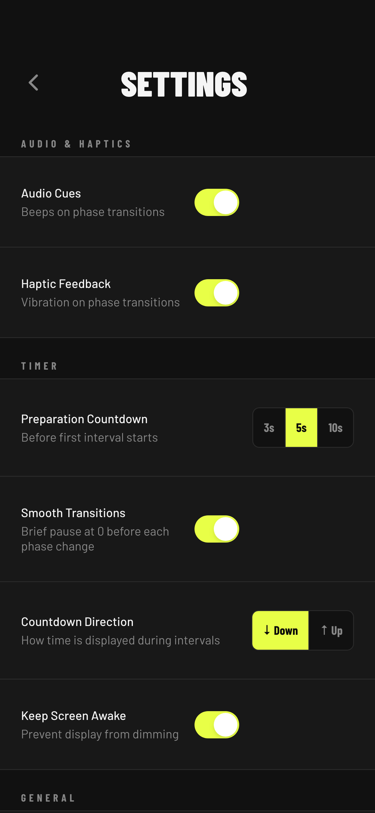 Settings screen — default state