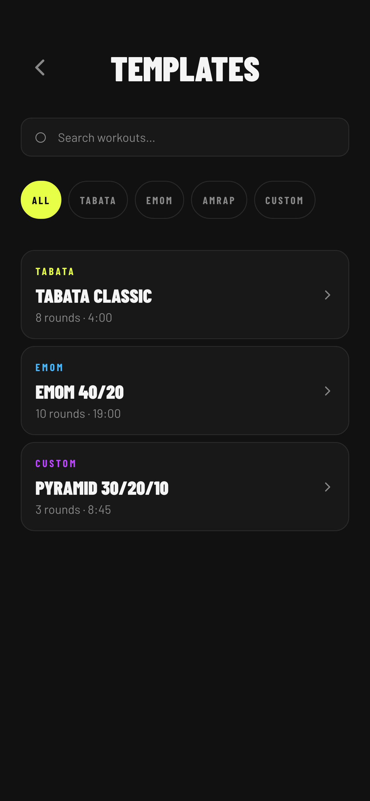 Templates list — All filter active