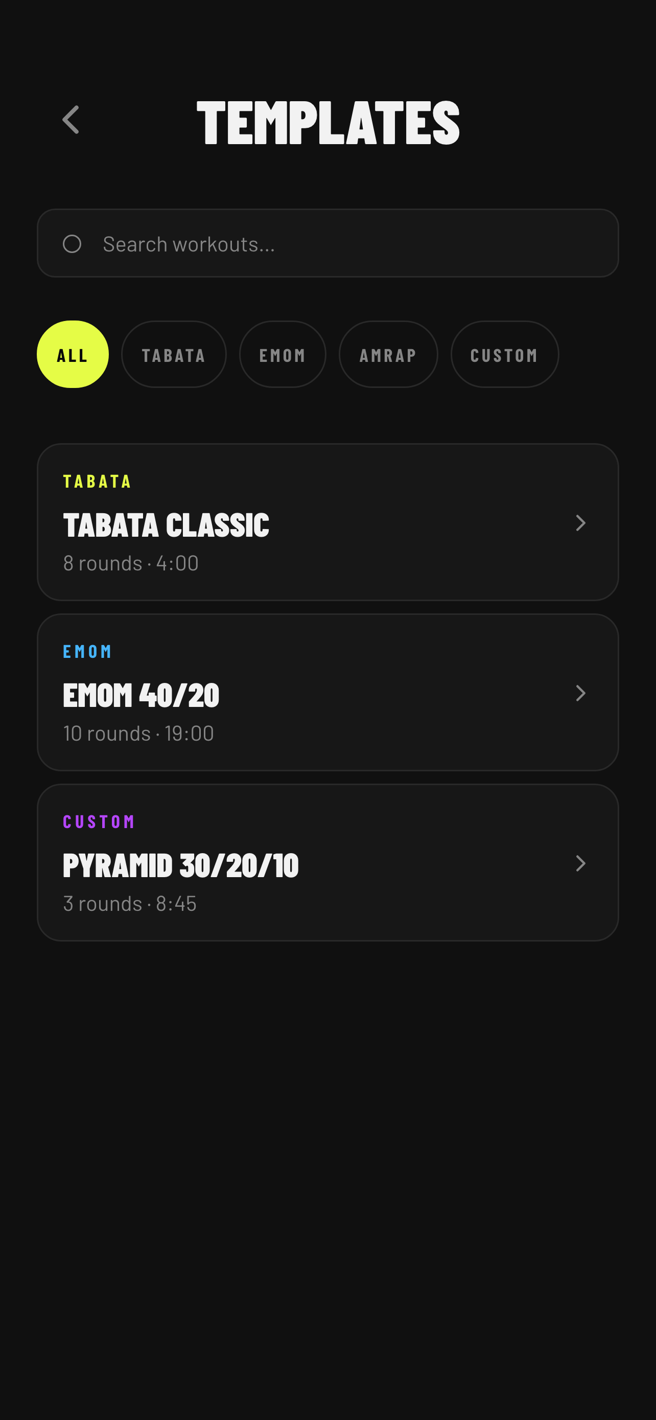 Templates bottom sheet — Tabata Classic preview